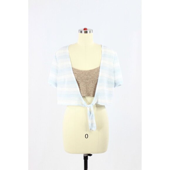 Vintage 00's DINO PLUS White Blue Striped Knit Cropped Cardigan Top, Size 13/14 - Picture 1 of 11